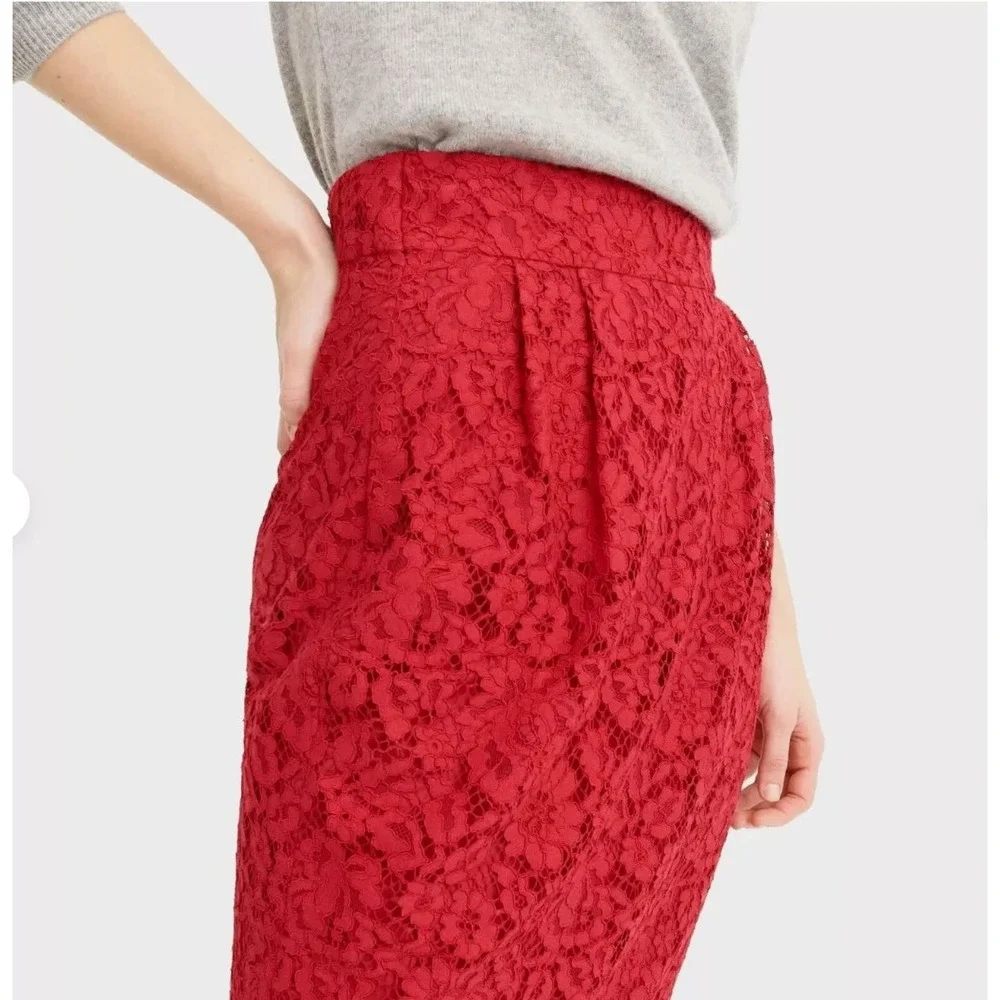 J CREW Pintucked Pencil‎ Skirt Red Lace Feminine Valentines Date Night Sz 14